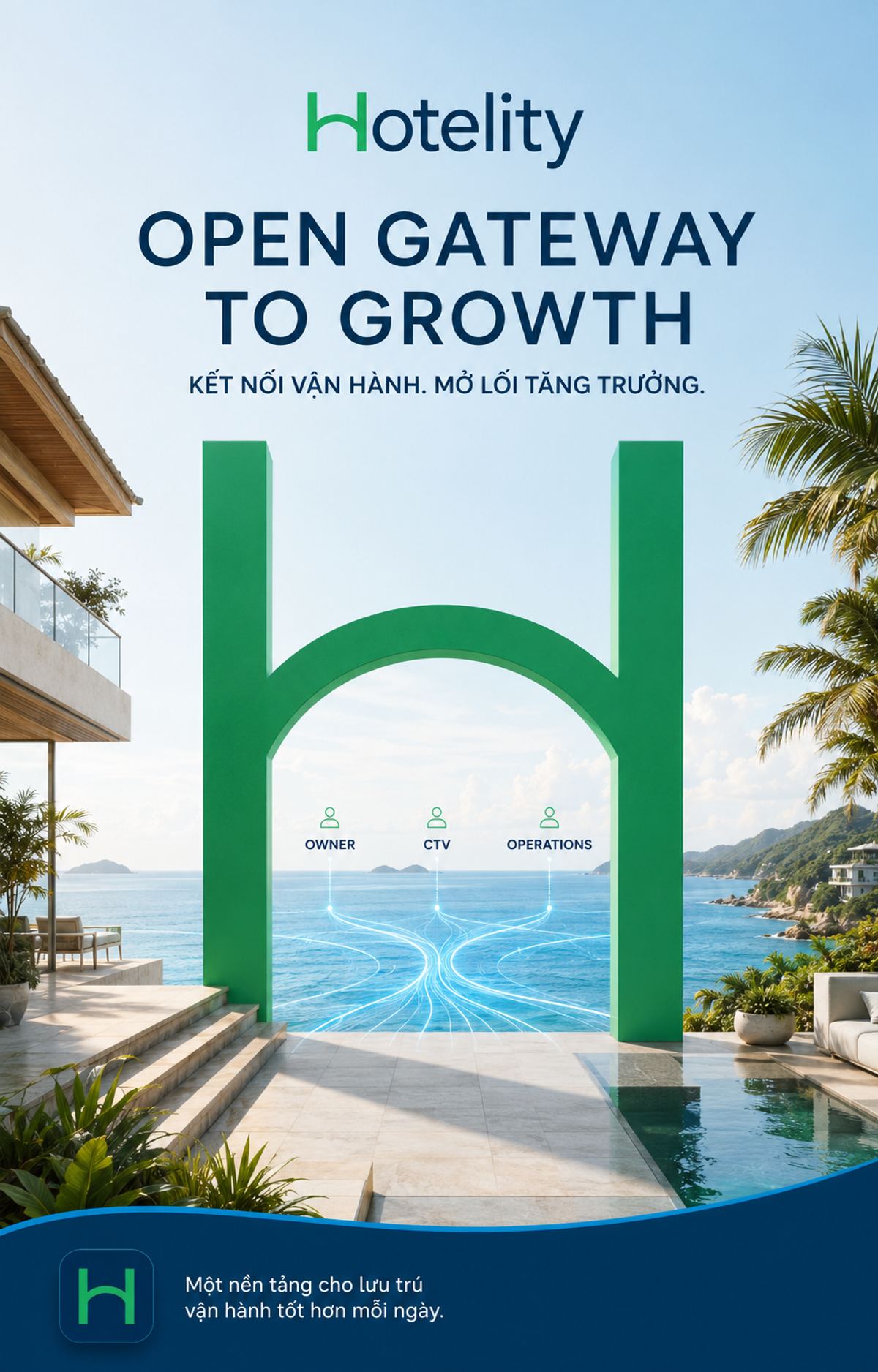 Cổng chào hình chữ H của Hotelity tại lối vào một khu lưu trú thực tế